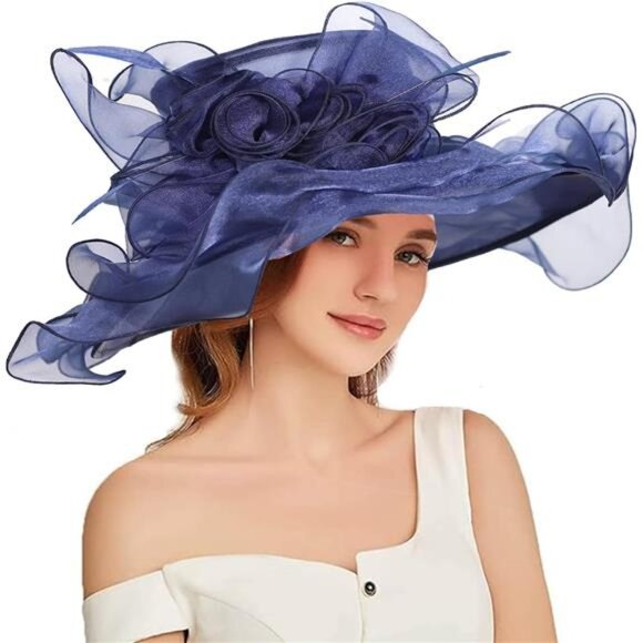 Women Sun Hat Church Wide Brim Blue - Picture 1 of 7